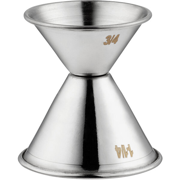 An American Metalcraft stainless steel jigger with .75 oz and 1.25 oz measurements.