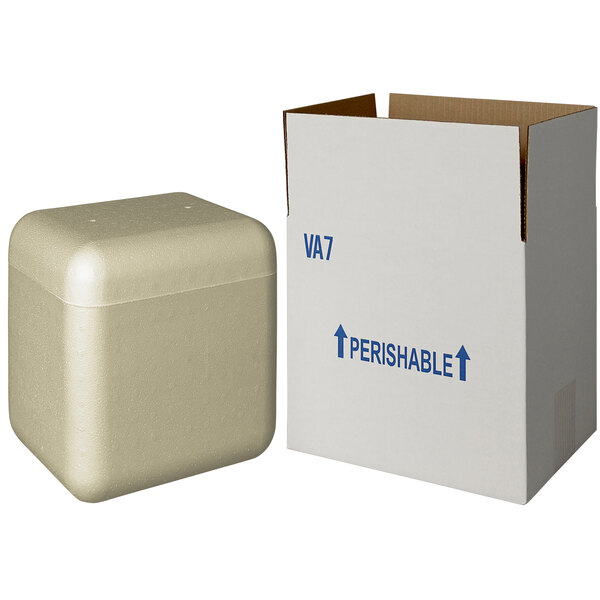 A white insulated shipping box with blue writing and a biodegradable cooler inside.