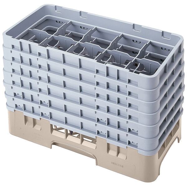 A beige plastic Cambro glass rack with 10 compartments and 6 extenders.