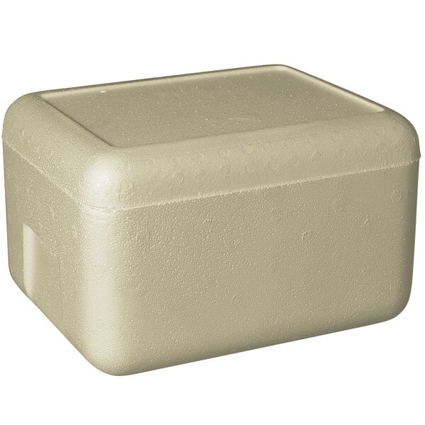 An insulated white styrofoam cooler box with a lid.