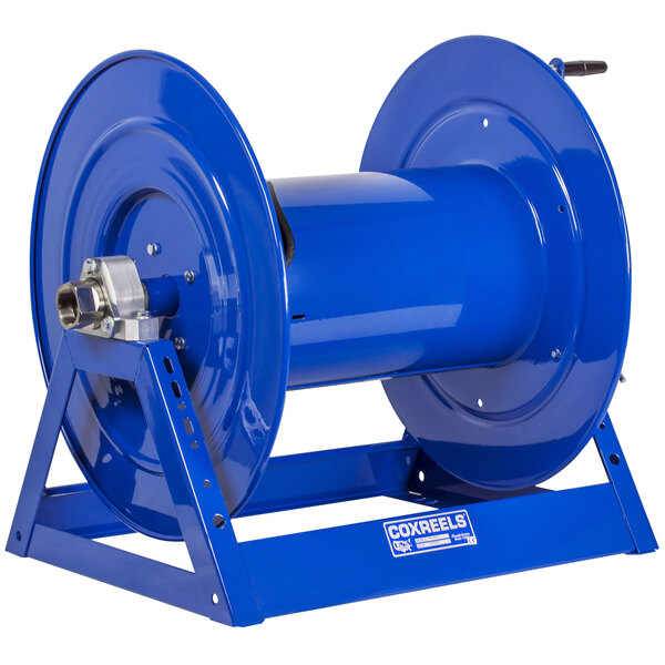 A blue Coxreels hand crank hose reel with a black handle.