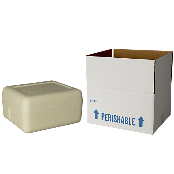 An insulated white shipping box with a white biodegradable cooler inside.