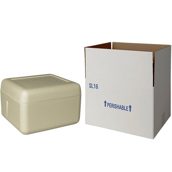 A white insulated shipping box with a lid.