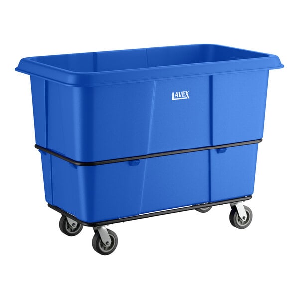 A large blue Lavex cube truck with a 27 cubic foot capacity and four caster wheels.
