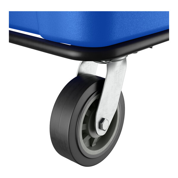 A close-up of a caster wheel attached to a blue Lavex 27 cubic foot cube truck.