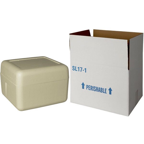 A white insulated shipping box with blue writing on it.