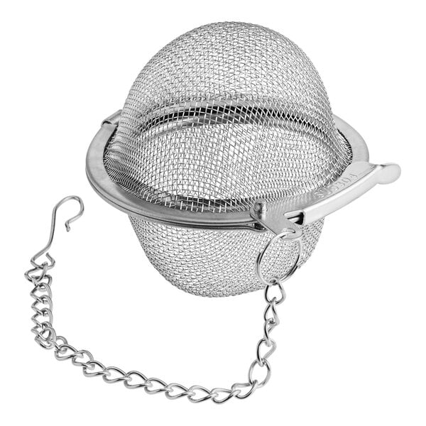 A stainless steel mesh tea ball infuser with a chain and hook.