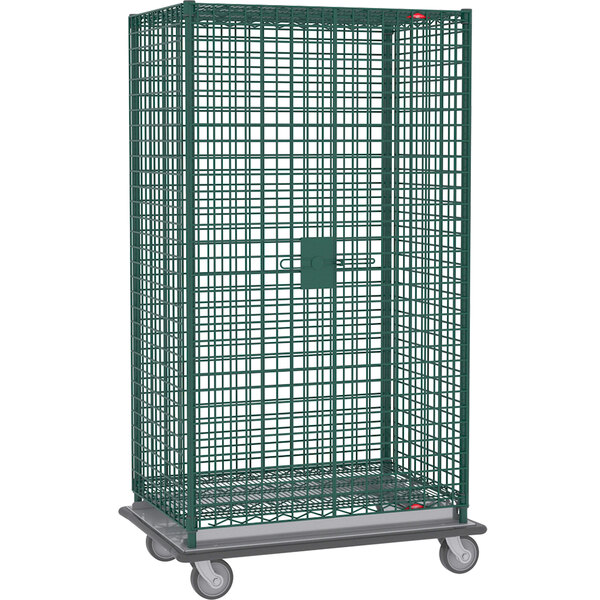 A large green Metro wire security cabinet on wheels.