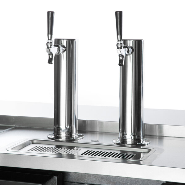 A black rectangular Beverage-Air kegerator with two silver taps.