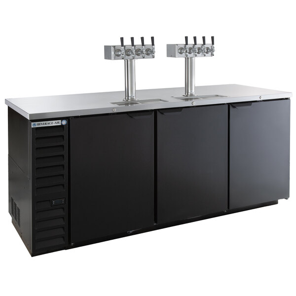 A black Beverage-Air wine kegerator with four taps on a counter.