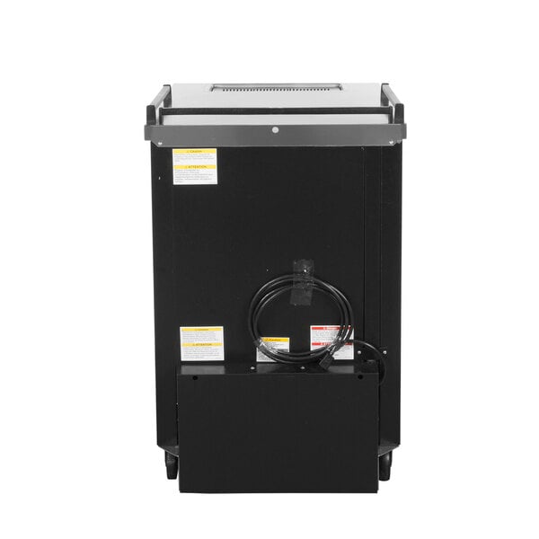 A black rectangular Beverage-Air kegerator with a cord attached.