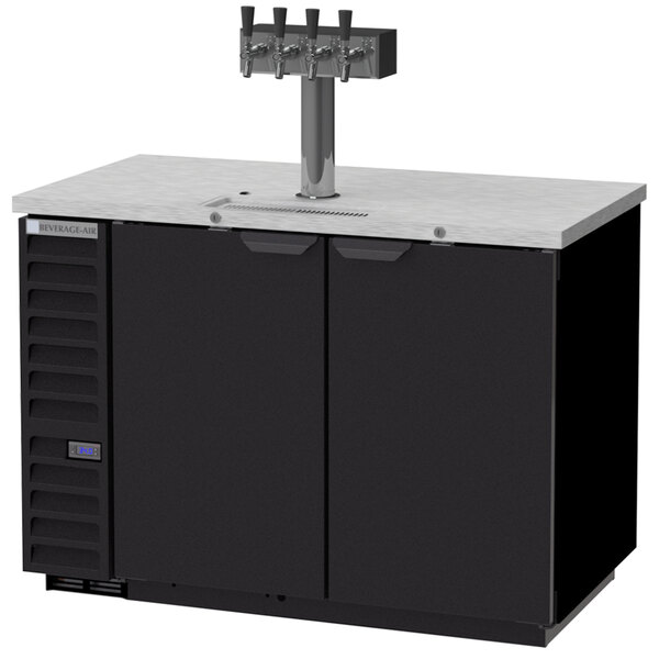 A black rectangular Beverage-Air wine kegerator with four taps.