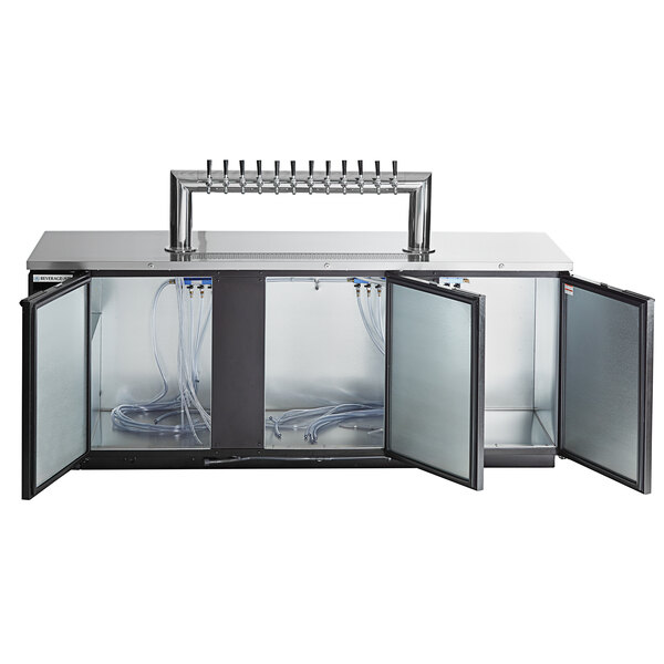 A black Beverage-Air wine dispenser with 12 silver taps.