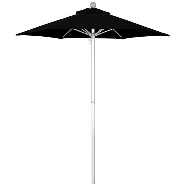 A black California Umbrella with a white ball on top.