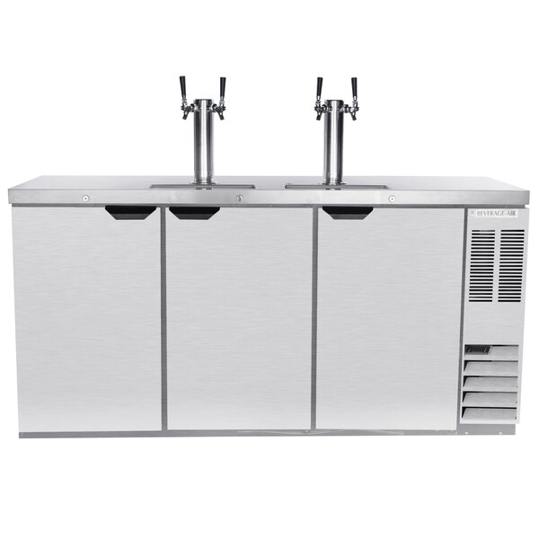 A white counter with a Beverage-Air stainless steel kegerator with two taps.