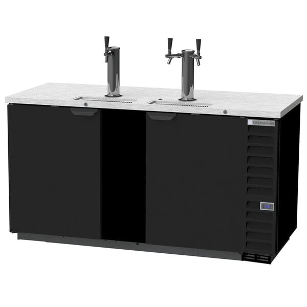 A black Beverage-Air kegerator with one single and one double wine tap.