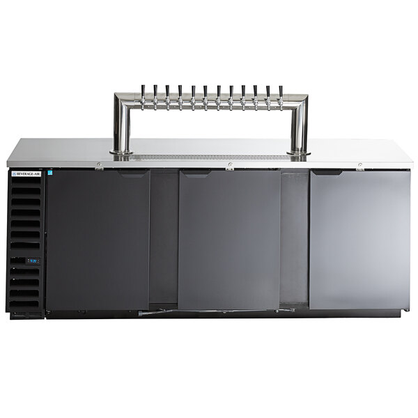 A black Beverage-Air wine kegerator with beer taps on a white counter.