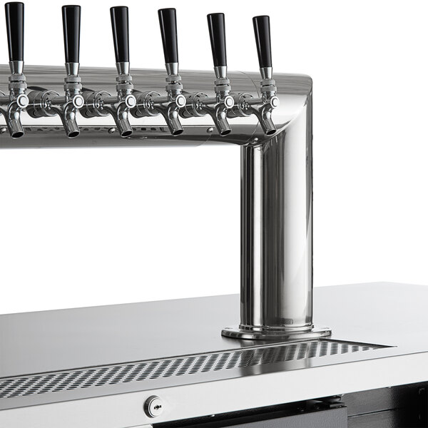 A black Beverage-Air wine kegerator with six silver taps.