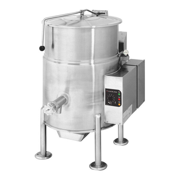 A large stainless steel stationary steam jacketed kettle with a control panel and spout, designed for commercial cooking applications.