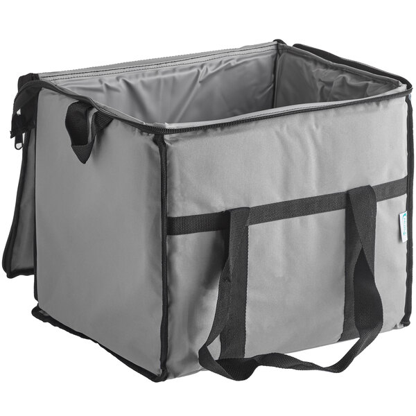 A grey bag with black straps.