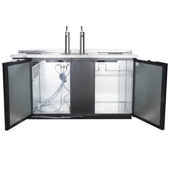 A black Beverage-Air kegerator with two taps on the counter.