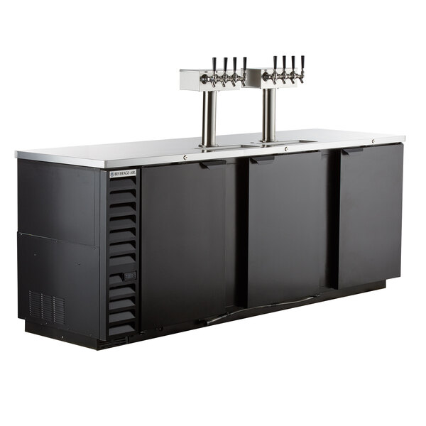 A black Beverage-Air wine kegerator with silver taps on top.