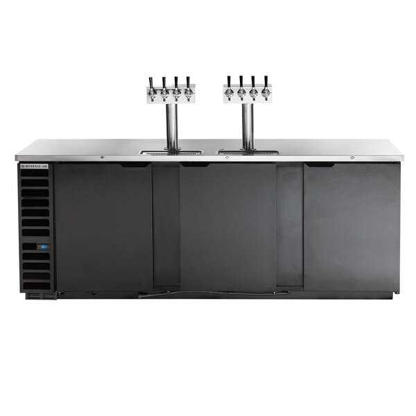 A black cabinet with a silver top and two taps on it.