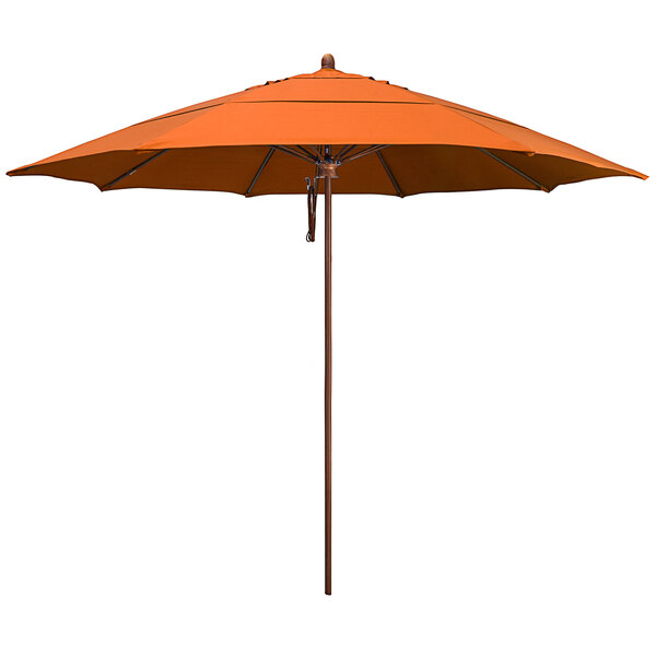 A California Umbrella with a Tuscan orange sunbrella canopy and a wood simulation aluminum pole.
