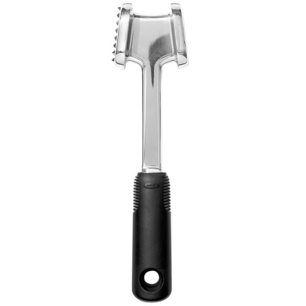 An OXO Good Grips meat tenderizer with a black and silver handle.