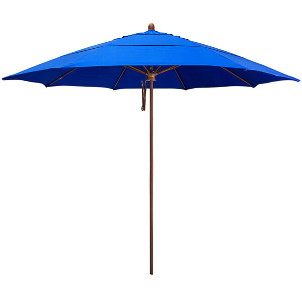 a blue umbrella with a wooden pole