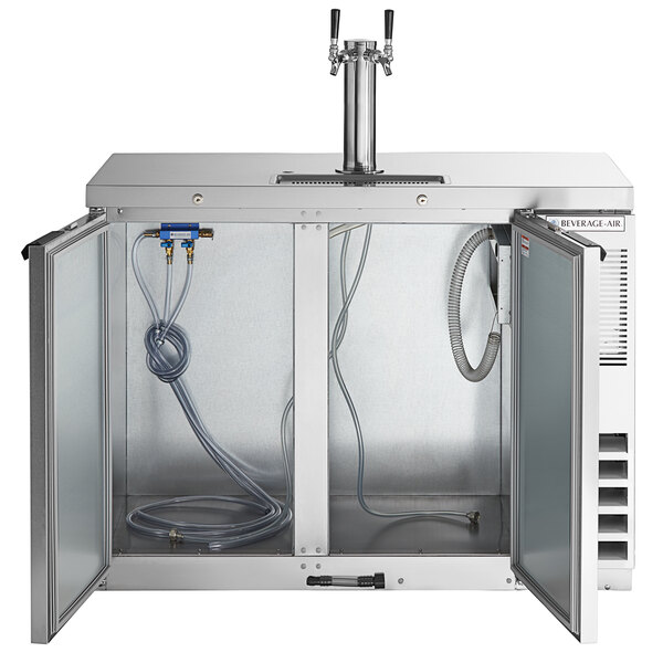 A stainless steel Beverage-Air wine kegerator with three taps.