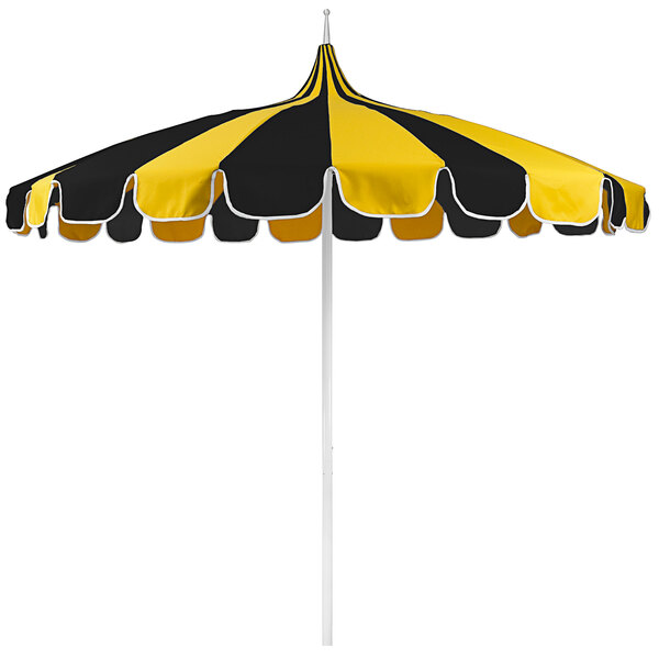A California Umbrella with a Sunbrella sunflower yellow and black striped canopy and white aluminum pole.