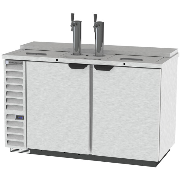 A stainless steel Beverage-Air wine kegerator with two taps.