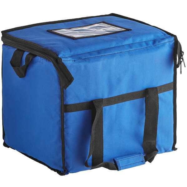 A blue nylon cooler bag with black straps and a black zipper.