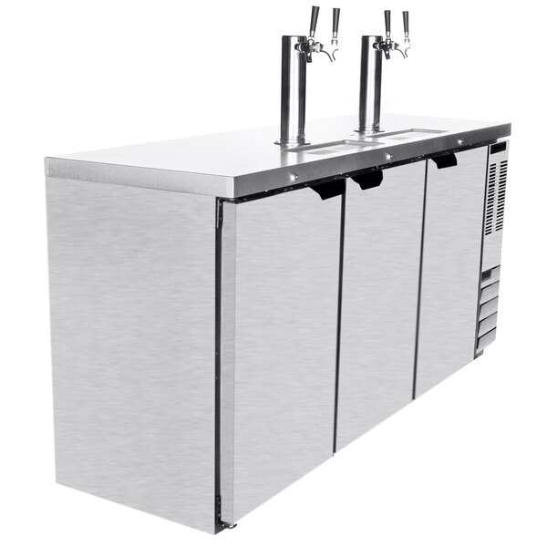 A stainless steel Beverage-Air wine dispenser with two taps.