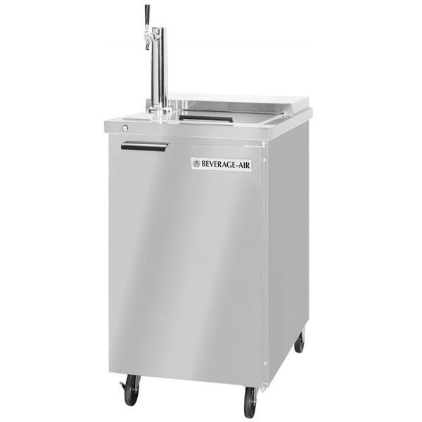 A stainless steel Beverage-Air wine kegerator on wheels.