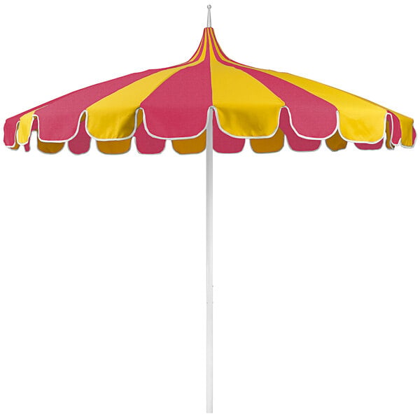 A white pagoda umbrella with yellow and pink striped Sunbrella fabric.