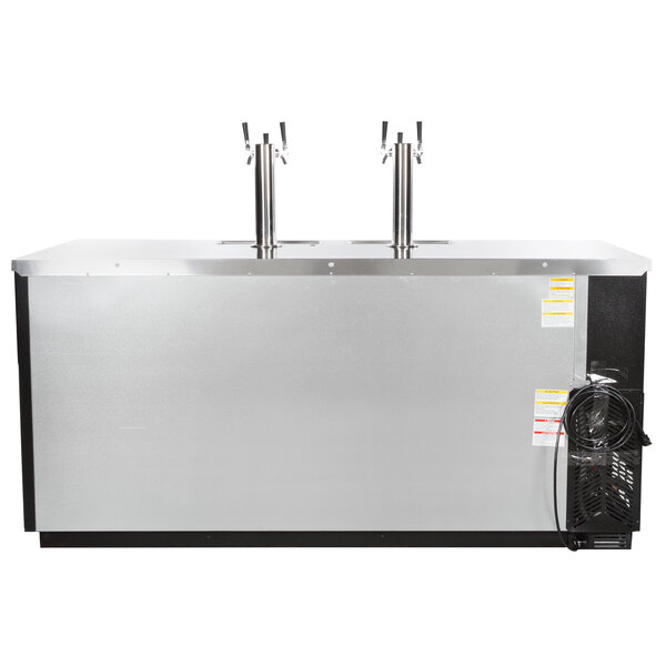A Beverage-Air stainless steel and black kegerator with two taps.