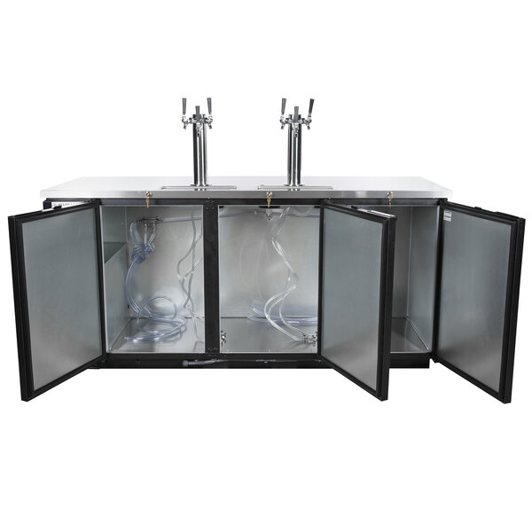 A black Beverage-Air kegerator with three wine taps on a counter.