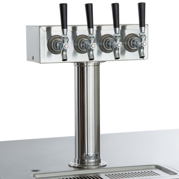 A Beverage-Air wine kegerator with four silver metal taps and black handles.