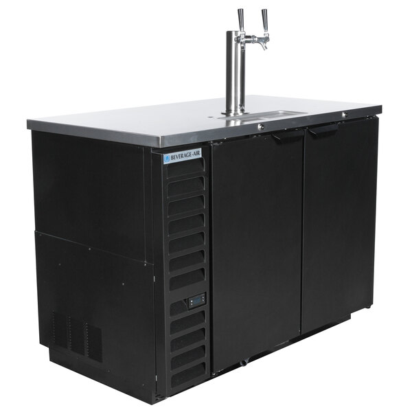 A black Beverage-Air kegerator with two taps on the right side.