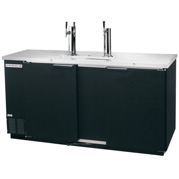 A black Beverage-Air wine dispenser with two taps on a counter.