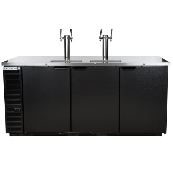 A Beverage-Air black wine kegerator with two taps on top.