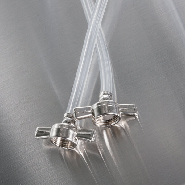 A pair of clear plastic tubes with a nut on each end.