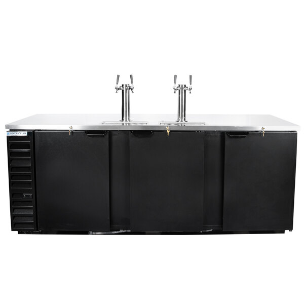 A black Beverage-Air wine dispenser with two taps on a silver top.