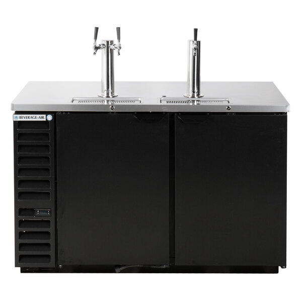 A black Beverage-Air kegerator with two taps.
