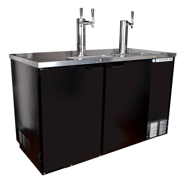 A black Beverage-Air double door kegerator with wine taps.