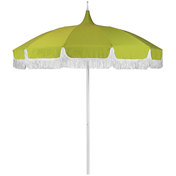 A green and white California Umbrella with a pointy top and white fringe.