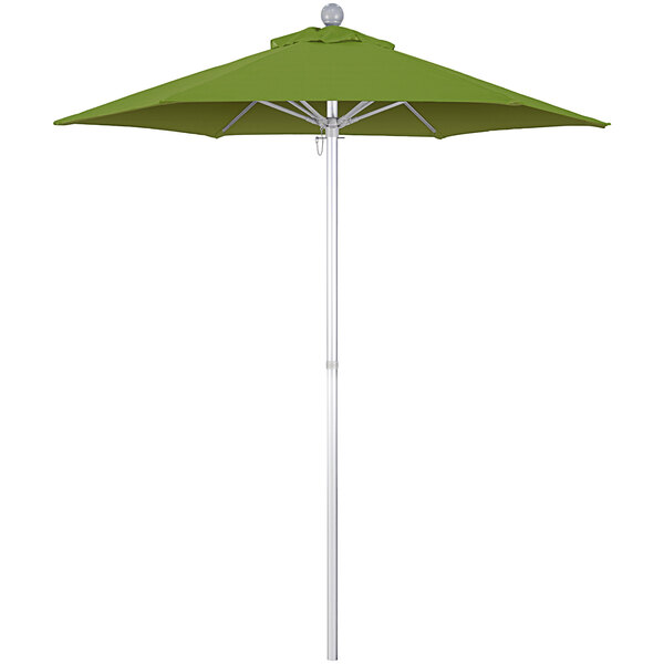 A green California Umbrella with a white pole.