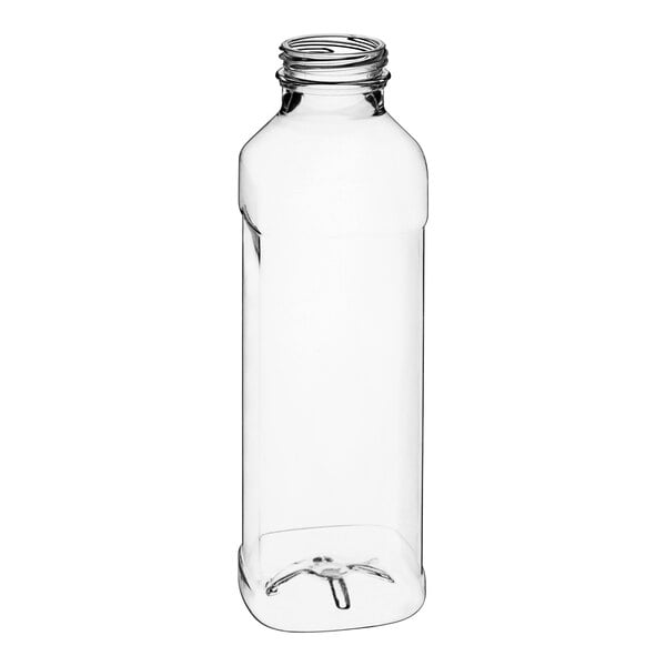 A clear 16 oz. square PET juice bottle with a white lid.